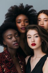 Obraz premium Diverse young women, stylish friends with natural beauty, together in a glamorous, modern fashion portrait.