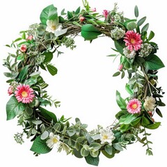 Fototapeta premium Floral Wreath A seasonal wreath made of fresh flowers and greenery, isolated white background, without shadow, single object, detailed, PNG dicut style, model object