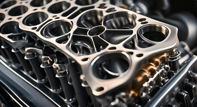 Strong and luxurious chrome engine block in a workshop with light