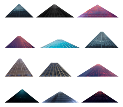 Tall building mega set. Worms-eye view perspective. Transparent PNG background. Glass windows exterior surface skyscrapers. Modern, contemporary dystopian, corporate architecture buildings.