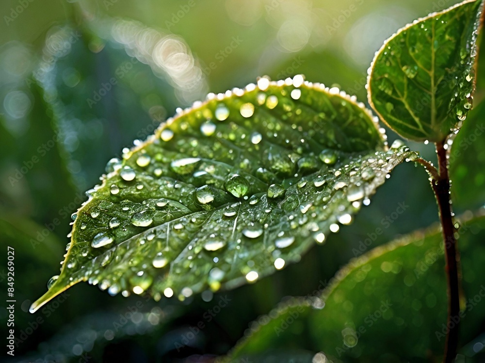 Sticker AI-generated illustration of a green leaf with water droplets glistening in the sunlight