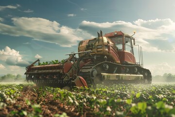 Eco-Friendly Hybrid Electric Harvester in Action on a Sunny Day Field