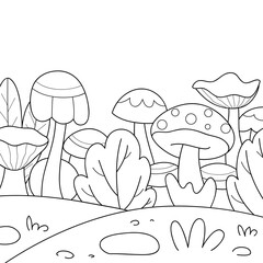 Background with mushrooms,line art style illustration for adults and children.