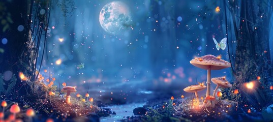 Naklejka premium Enchanting Full Moon Night in Mystical Forest with Glowing Mushrooms and Fairies Fluttering Around