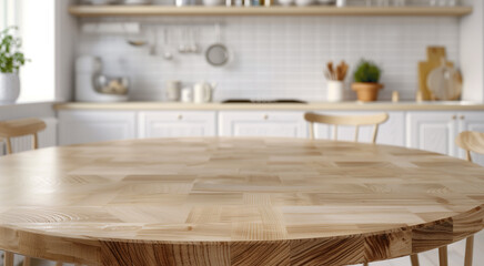 An empty round wooden tabletop in modern white clean kitchen with blurred background for product displays