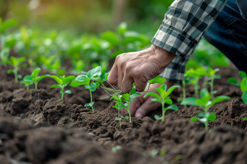 Farmers or gardeners plant young plants into the soil. The concept of modern agriculture on a large scale.