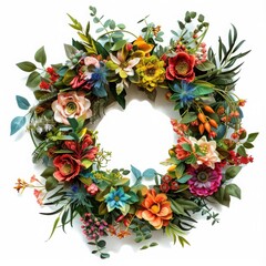 Fototapeta premium Floral Wreath A seasonal wreath made of fresh flowers and greenery, isolated white background, without shadow, single object, detailed, PNG dicut style, model object