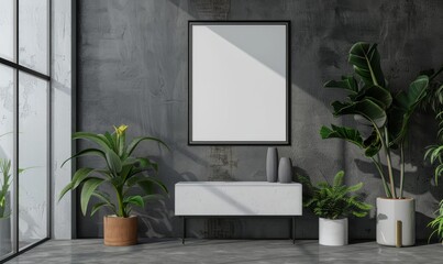Scandinavian apartment with empty frame. Furniture and interior with blank mockup picture. Living room with mock up poster. Decoration of house.