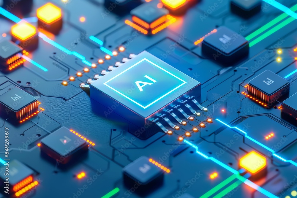 Poster ai microchip on blue circuit board with glowing digital elements