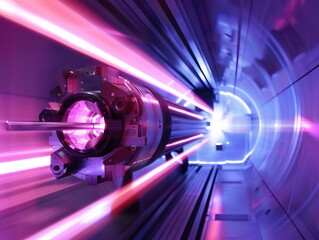 Intense synchrotron light beams, precise focus, side view, emphasizing beam power, scifi tone, Analogous Color Scheme