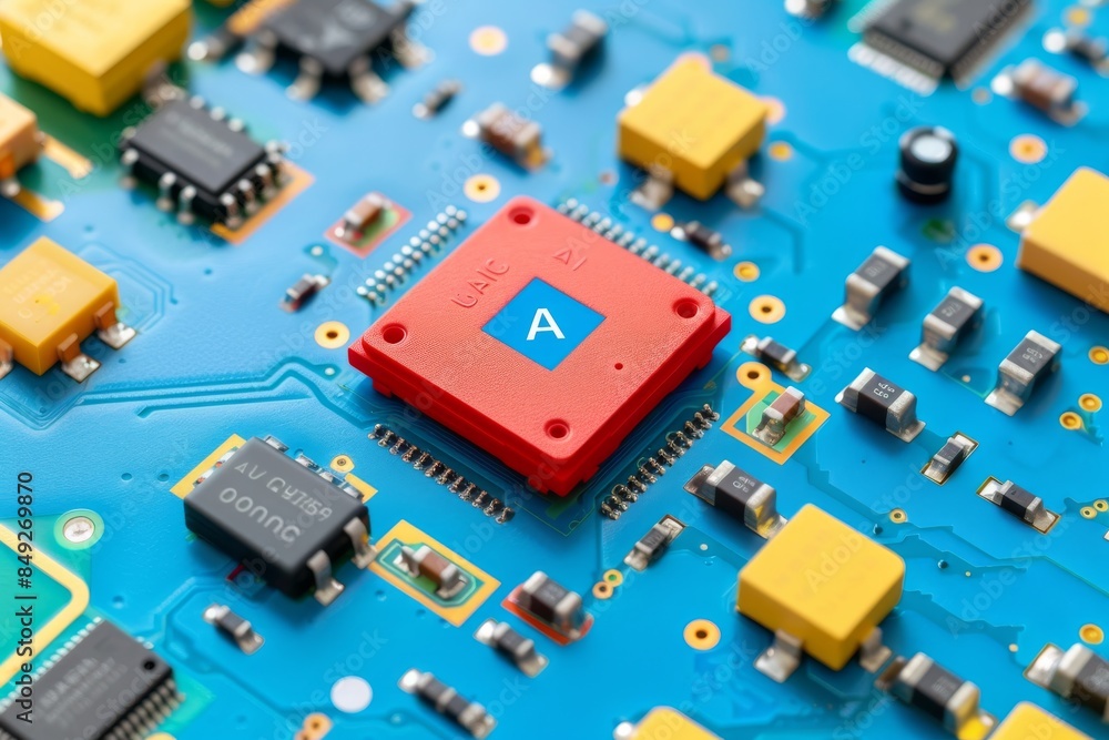 Poster ai processor on blue circuit board with yellow and red elements