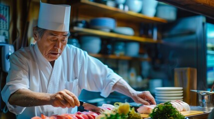 A Japanese chef expertly slicing fresh sashimi in a traditional kitchen setting.