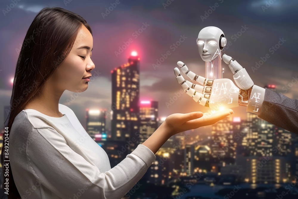 Poster person holding ai robot with glowing digital interface in urban setting