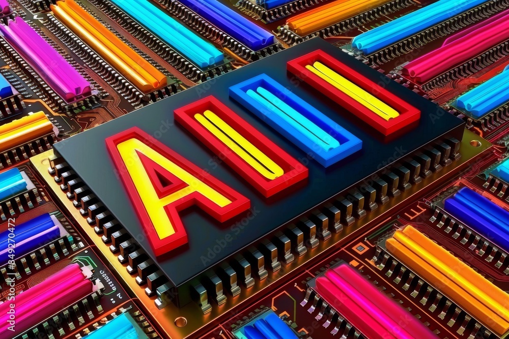 Poster glowing ai letters on colorful circuit board with digital elements
