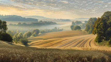 Fototapeta premium Panoramic Sunrise Over Organic Grain Farm with Misty Fields and Illuminated Crops