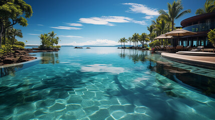 Obraz premium Luxury beachfront hotel with an infinity pool, set in a tropical landscape. Enjoy a tranquil beach vacation with stunning island views and palm trees. Perfect for a summer getaway.