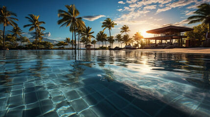 Luxury beachfront hotel with an infinity pool, set in a tropical landscape. Enjoy a tranquil beach vacation with stunning island views and palm trees. Perfect for a summer getaway.