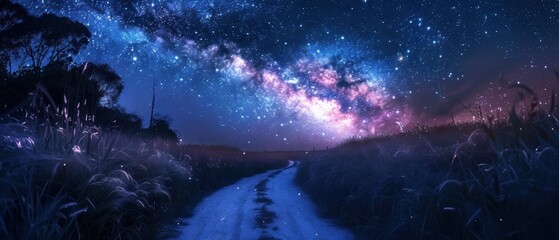 Obraz premium A mesmerizing night sky with the Milky Way galaxy illuminated above a tranquil rural pathway surrounded by tall grass and trees.