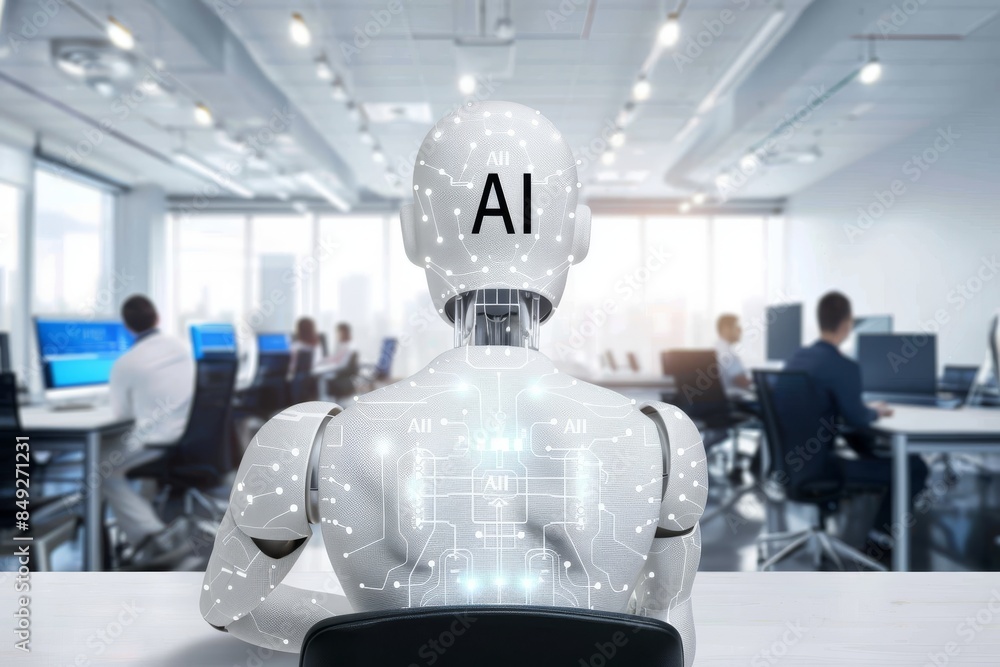 Aufkleber ai robot in modern office setting with digital interface and bright light