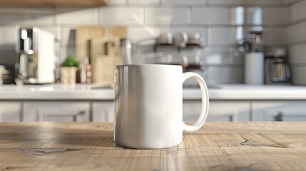 a white coffee mug mockup placed in a modern kitchen, featuring a marble countertop and a subway brick backsplash wall.