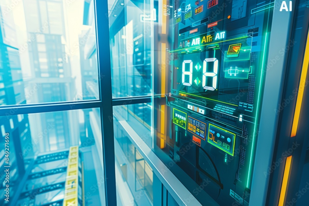 Poster advanced ai data center with digital interface and glowing elements