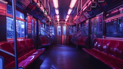 The subway car is empty, with red and purple neon lights reflecting off the shiny metal surfaces.