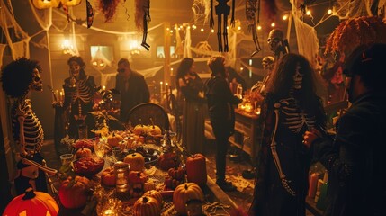 Naklejka premium Spooky Halloween Party with Skeleton Costumes and Ghost Decorations in a Dimly Lit Room
