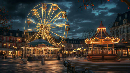 a ferris wheel in a city square at night time with buildings in the background and a gazebo in the foreground