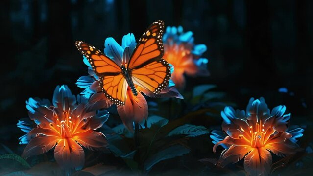 neon flowers and butterfly in the dark forest. Seamless looping 4k video animation