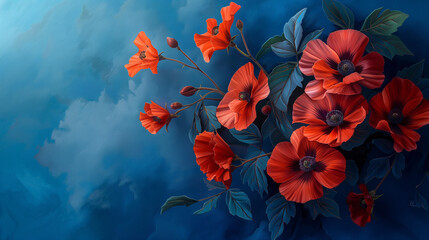 ed flowers on a blue background with a blue background and a blue wall with a few red flowers