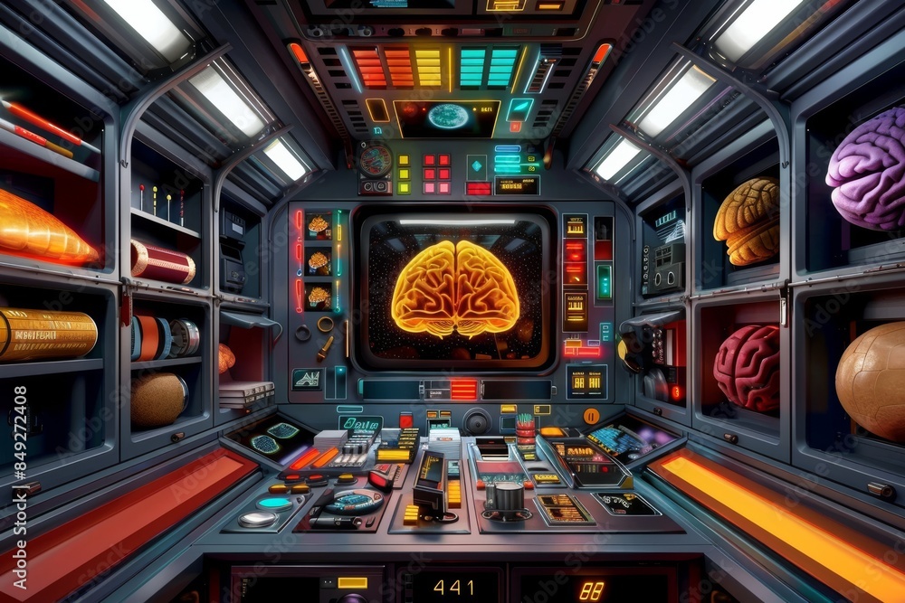 Poster high tech ai control room with glowing digital interface and advanced technology