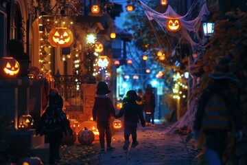 Fototapeta premium Spooky Halloween Street with Trick or Treating Children and Decorative Glowing Jack O' Lanterns