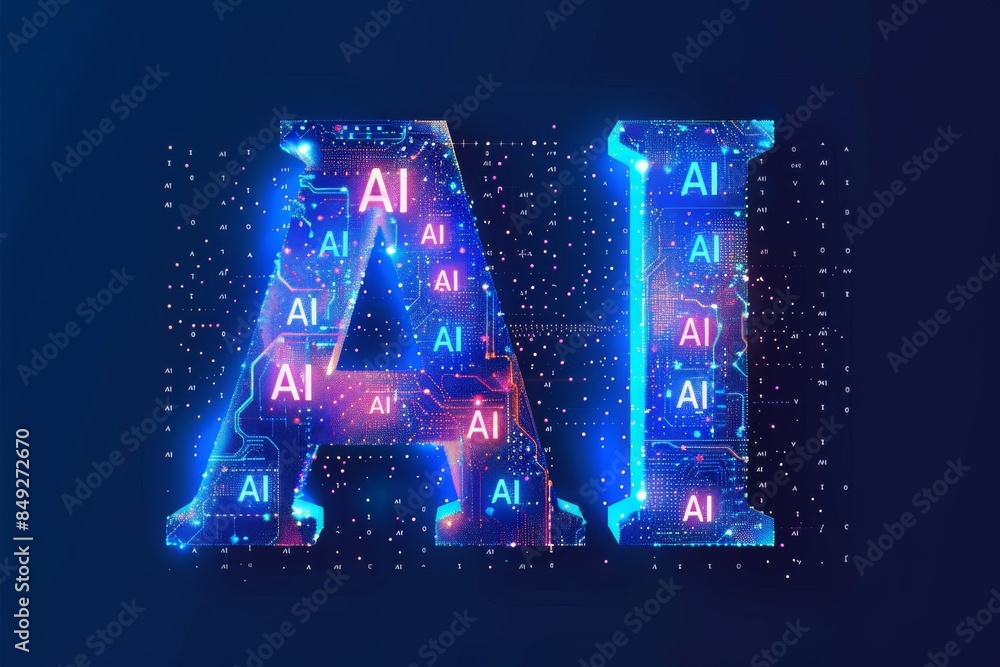 Poster glowing ai letters in digital matrix with futuristic elements