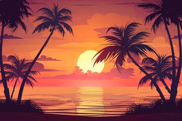 Landscape of a beautiful sunset on the beach. Warm, gorgeous sunset on a paradise beach. Calm ocean waves, palm trees and mountains. Paradise pleasure, rest, sea, beach. illustration