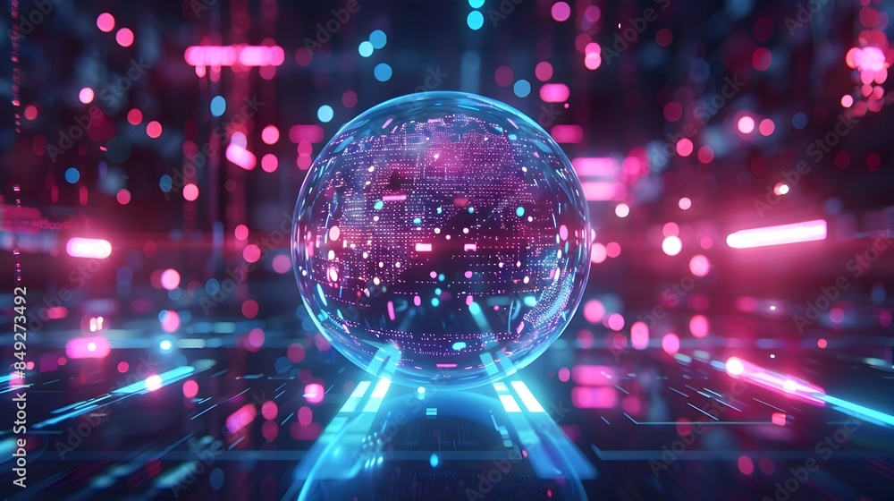 Poster rotating holographic light sphere with vibrant digital patterns on dark background