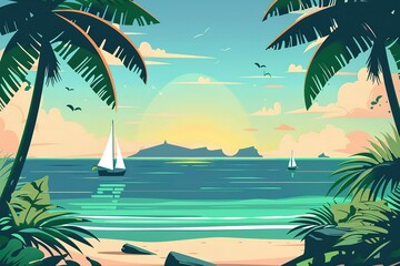 Tropical Sea beach background, landscape with sand beach, sea water edge and palm trees. Colorful vector art illustration, banner, wallpaper.