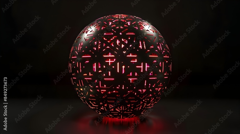 Poster luminescent orb with intricate patterns spinning on a black background