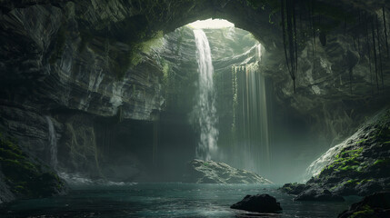 a picture of a cave with a hole in the middle of it, with a waterfall in the middle