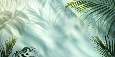 Naklejka premium Elegant Summer Background with Palm Leaves and Shadows on Light Green Pastel Gradient, Perfect for Minimalistic Product Displays and Text Features