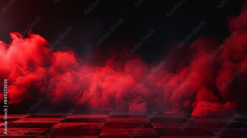 Wall mural a red smoke cloud on a black background with a checkered background and a red glow on the bottom