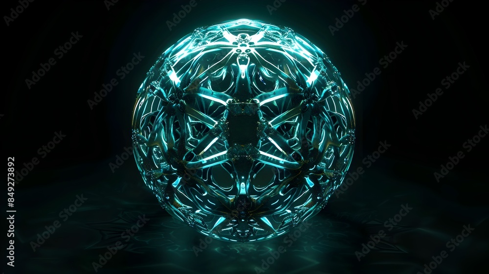Poster luminescent orb with intricate patterns spinning in futuristic setting