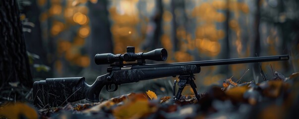 A detailed image of a precision rifle with a scope lying on a bed of fallen autumn leaves, with a blurred forest background.