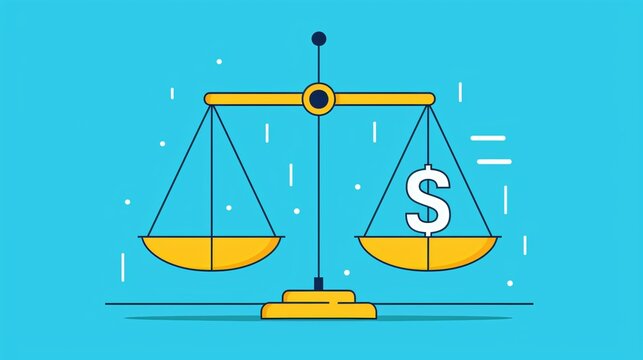 A minimalist graphic depicting a balance scale tipped in favor of financial growth and success, with a dollar sign outweighing other elements. The image is rendered with hyper-detailed precision,