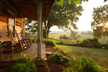 Rustic ranch house with porch: Cozy wooden home with rocking chairs overlooking open fields.