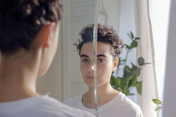 Intersex individual standing in front of a mirror, affirming their identity close up, focus on selfacceptance and empowerment realistic Overlay home interior backdrop