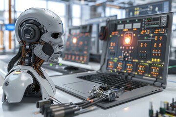 Fototapeta premium AI Robot at Control Panel in High Tech Lab, Futuristic Robotics and Artificial Intelligence, Advanced Technology in Laboratory Setting, Digital Control Systems, Innovative Tech Environment.