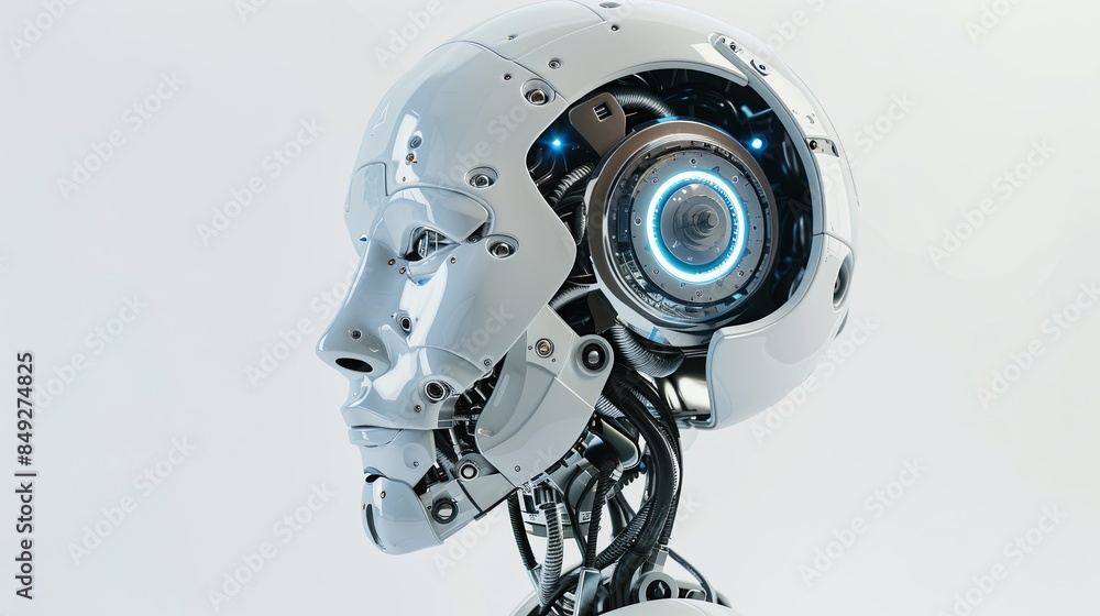 Poster a 3d rendered image of an ai robot head with a digital brain engine visible inside. isolated on a wh