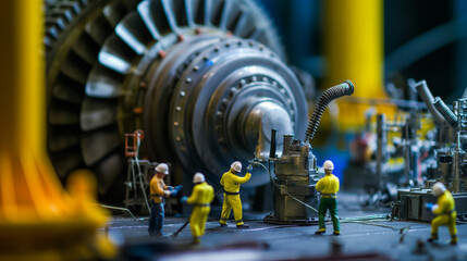 Obraz premium Tiny workers inspecting and cleaning in a power plant, with a focus on safety and efficiency, as if they are safeguarding the energy supply.