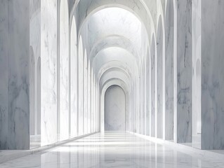 Fototapeta premium A long white marble hallway with arched openings on both sides.