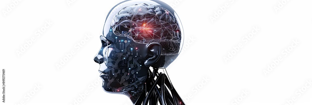 Poster a 3d rendering of a robotic head with a transparent skull revealing a complex digital brain engine. 